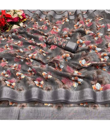 Gullak Linen Printed Saree With Unstitched Blouse Piece ( Grey )