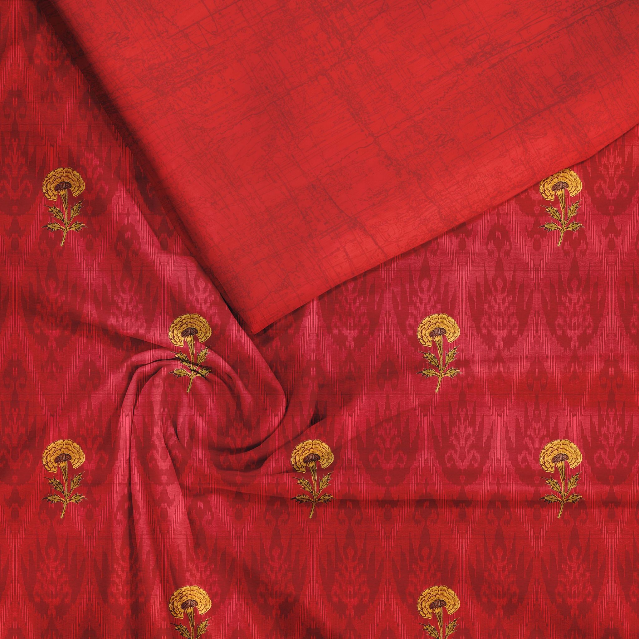 Red flower motif Tussar Silk Fabric Unstitched Suit Set