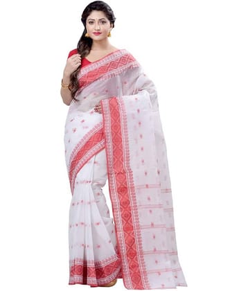 Desh Bidesh Cotton Embroidered Saree Without Blouse Piece ( White )