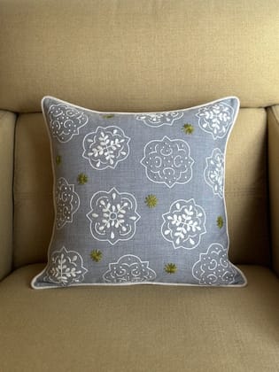 KRI India Bloom Motif Grey Green Embroidered Cushion Cover | Grey with dark green and beige embroidery  | 16x16 inches  | Wash & Care | 100% Cotton | Handcrafted in India. 100% organic & natural.
