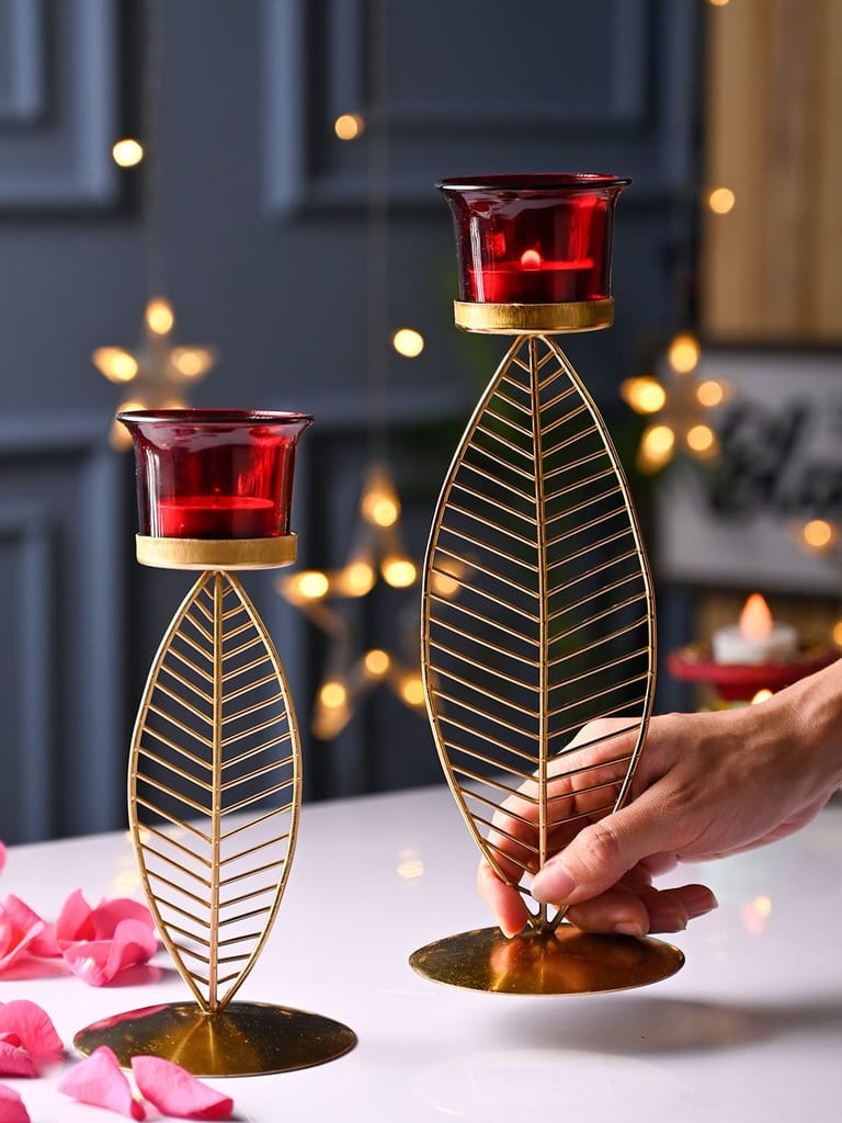 VON CASA Red Leaf Shape T-Light Holder - Set Of 2