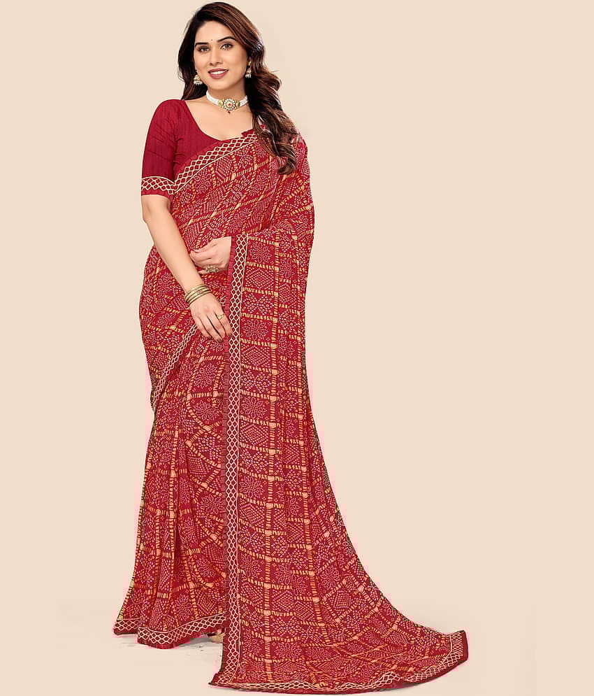 Kanooda Prints Georgette Printed Saree With Unstitched Blouse Piece ( Maroon )