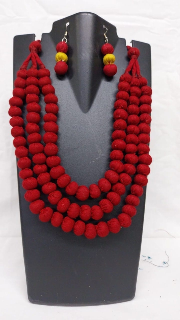 Elegant Three Layer Beaded Necklace with Earrings - Maroon Jewelry Set