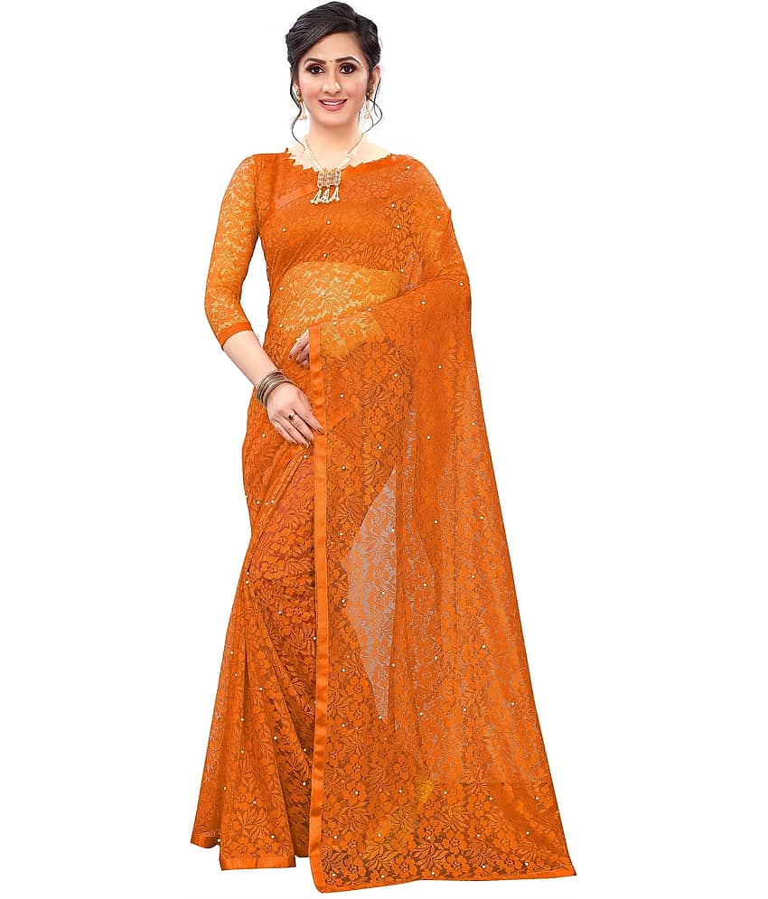 Indy Bliss Net Saree With Unstitched Blouse Piece ( Orange )