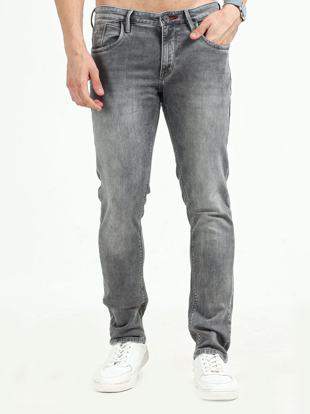 Men's Knitted Light Grey Mid-Rise Slim fit Jeans | Rick Rogue-36