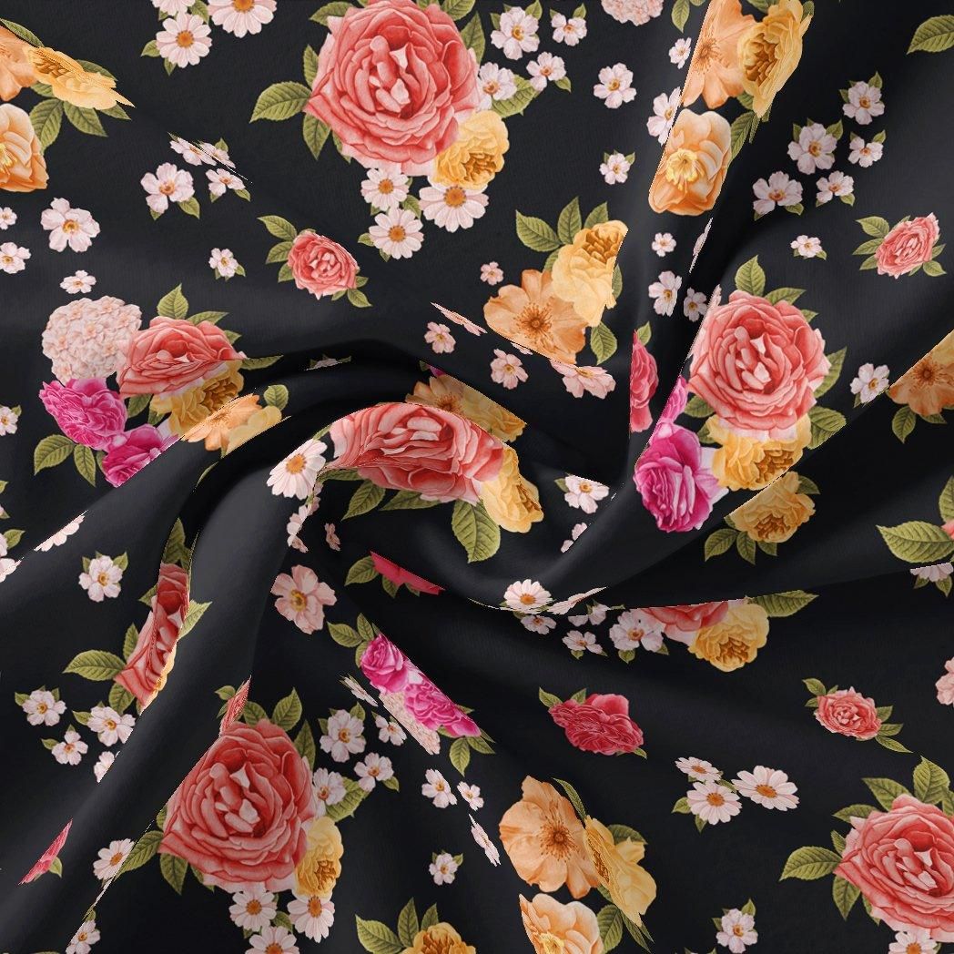 Multicolour Anemone Roses With Digital Printed Fabric-Polyester / Japan Satin / 110 CM | 43 Inch