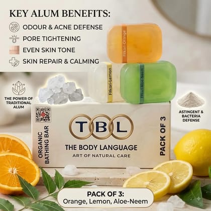 TBL Organic Handmade Bathing Bar Pack of 3  Enriched with Alum (Fitkari), Citrus Fruits & Aloe Neem