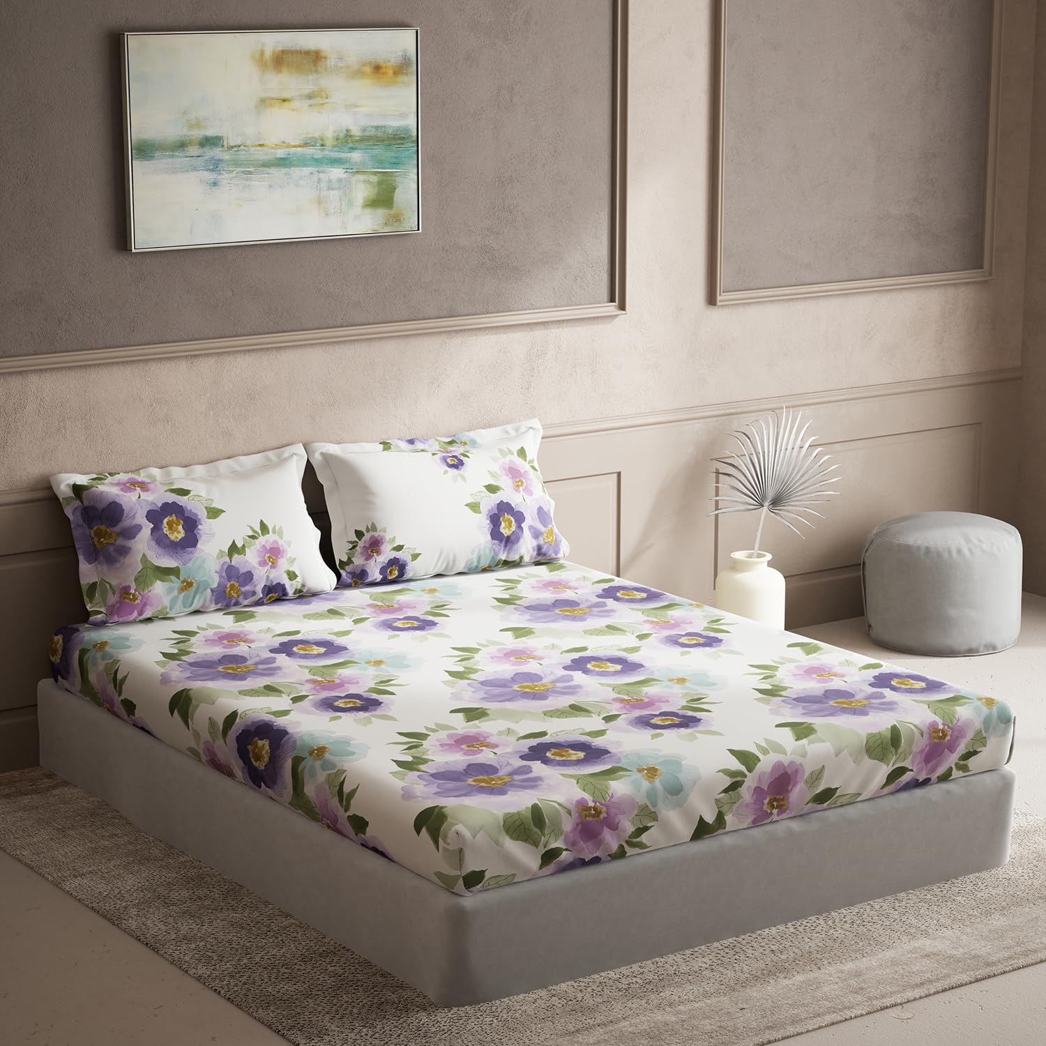 DDECOR - Cherish Collection 100% Cotton Floral Pattern 150TC Super King |274 CM X 274 CM| with 2 Pillow Covers - Purple