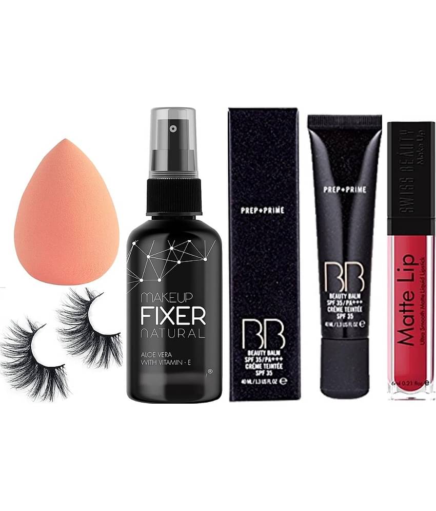 swenky makeup fixer foundationliquid lipstick beauty blender puff & false eyelash (Pack of 5)