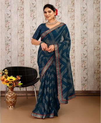Women's Zomto Zig Zag Saree with Unstitched Blouse (Blue, 5-6 Mtrs)