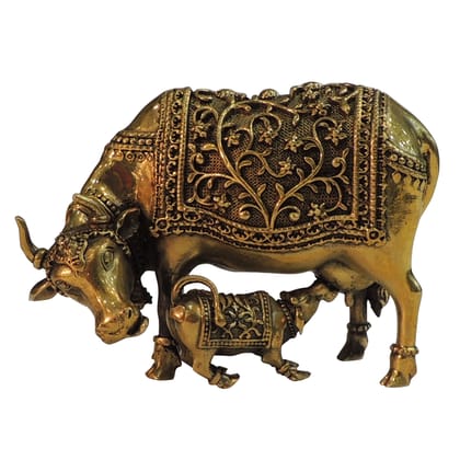 Brass Cow With Calf Idol | Kamdhenu Style Vastu Decor, Height : 4 Inch (BSMAS1771 B)