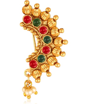 Vighnaharta Gold Plated with Peals Alloy and CZ stone Non Piercing Maharashtrian Nath Nathiya./ Nose Pin for women  {VFJ1113NTH-Press }
