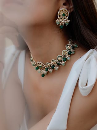Hanifa Mint Green Kundan Necklace Set-Mint