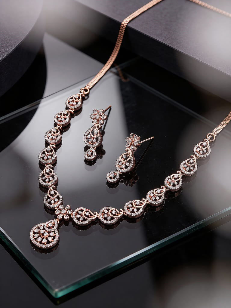 Rose Toned White AD Zircon Studded Mango Design Statement Jewellery Set - Jewellery Sets | Buy online on ZillyBuy