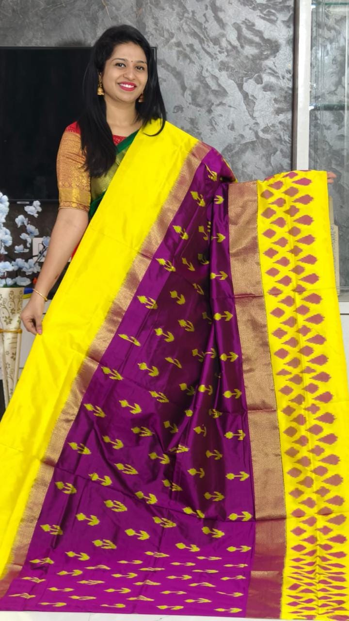 Pure Pochampally Ikkat Silk Majenta PInk Yellow Sari