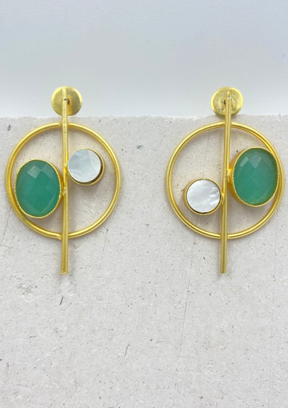 Gold Plated Circular Green Chalcedony Quartz Drop Earrings