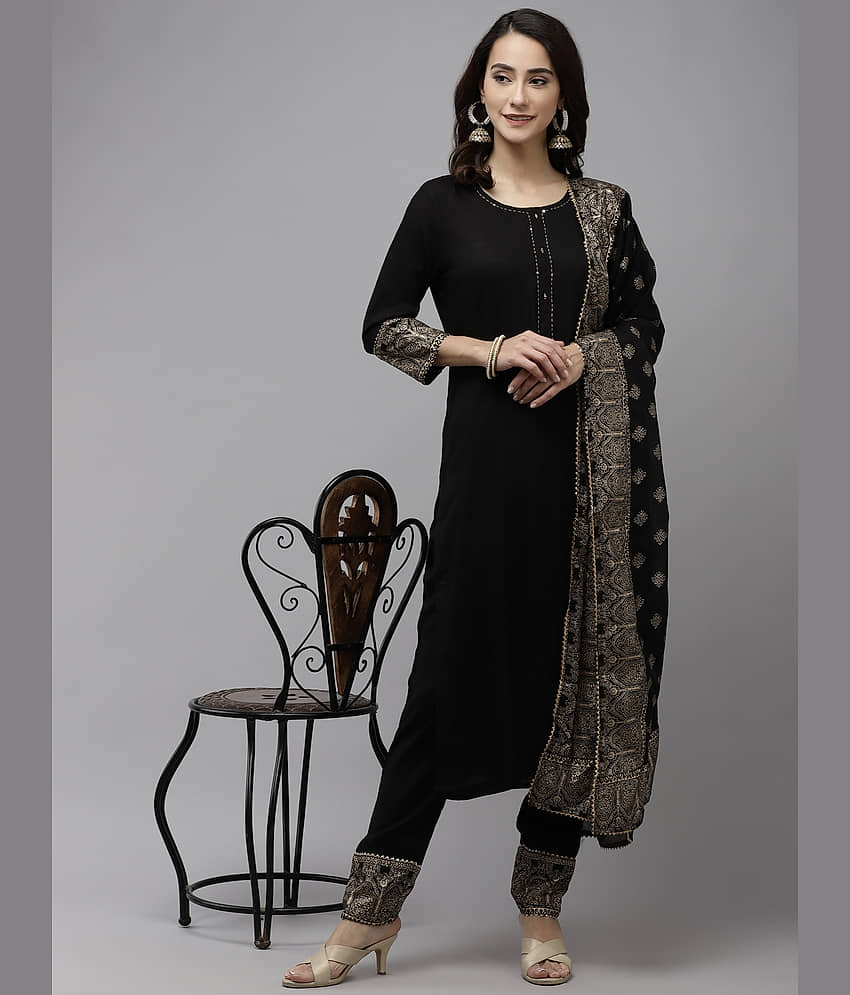 Ishin Rayon Solid Ethnic Top With Pants Women's Stitched Salwar Suit - Black ( Pack of 1 )
