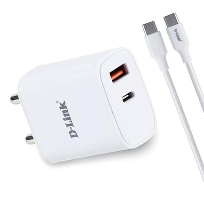 D-Link (DPA-F3311) 33W Dual Port Fast Charger Type-C & USB-A, Compact Size & Easy To Carry. Included Type C To Type C 3A(60W) Cable-White 