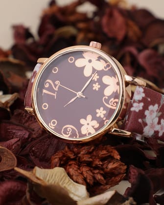 Maroon & Champagne Gold Decorative Analog Round Dial With Brown Floral Printed Leather Strap-Watches