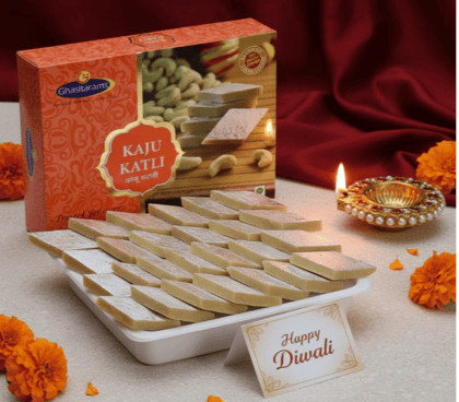 Ghasitaram's Diwali Gift Hamper with Kaju Katli 200g, Greeting Card, Puja Thali