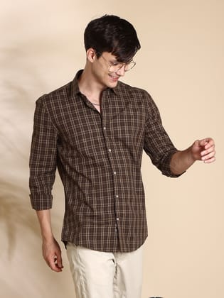 Dark Brown Check Semi Casual Full Sleeve Shirt-M