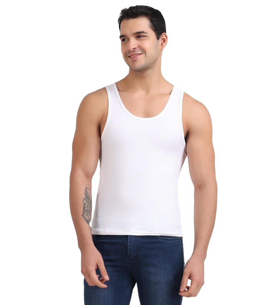 Freecultr Cotton Vest for Men Sleeveless Lightweight Solid Round Neck Comfort Vests Breathable & Comfortable Innerwear Sando for Man Regular Fit Pack of 1-White