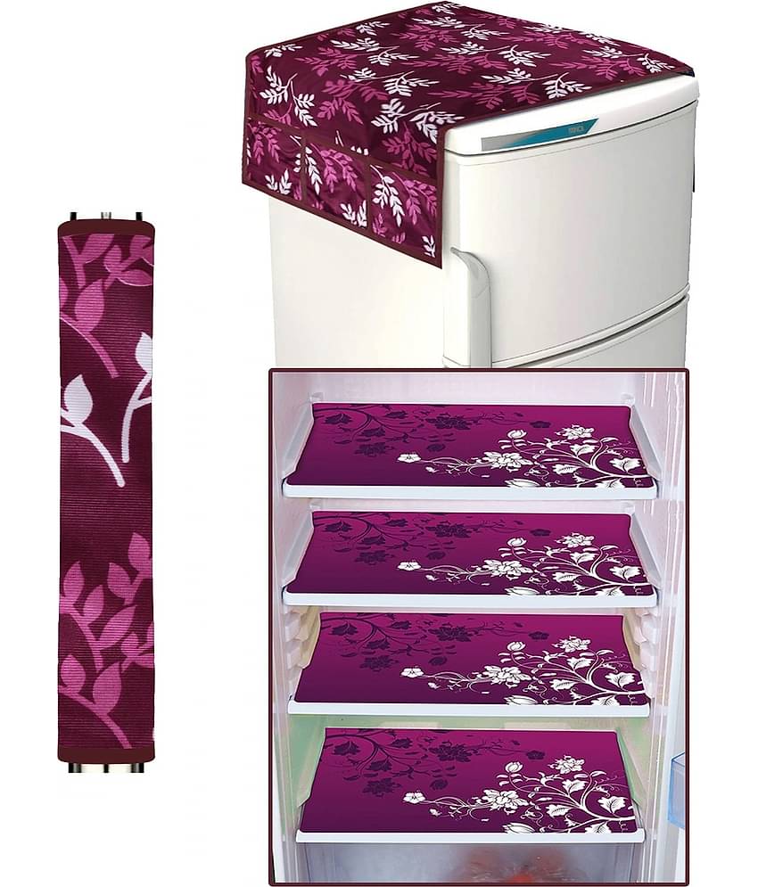 Crosmo Polyester Floral Fridge Mat & Cover ( 64 18 ) Pack of 6 - Purple