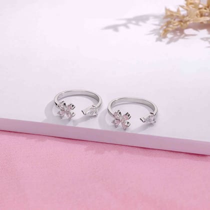 Sterling Silver Floral Solitaire Toe Rings-White Stone / Silver