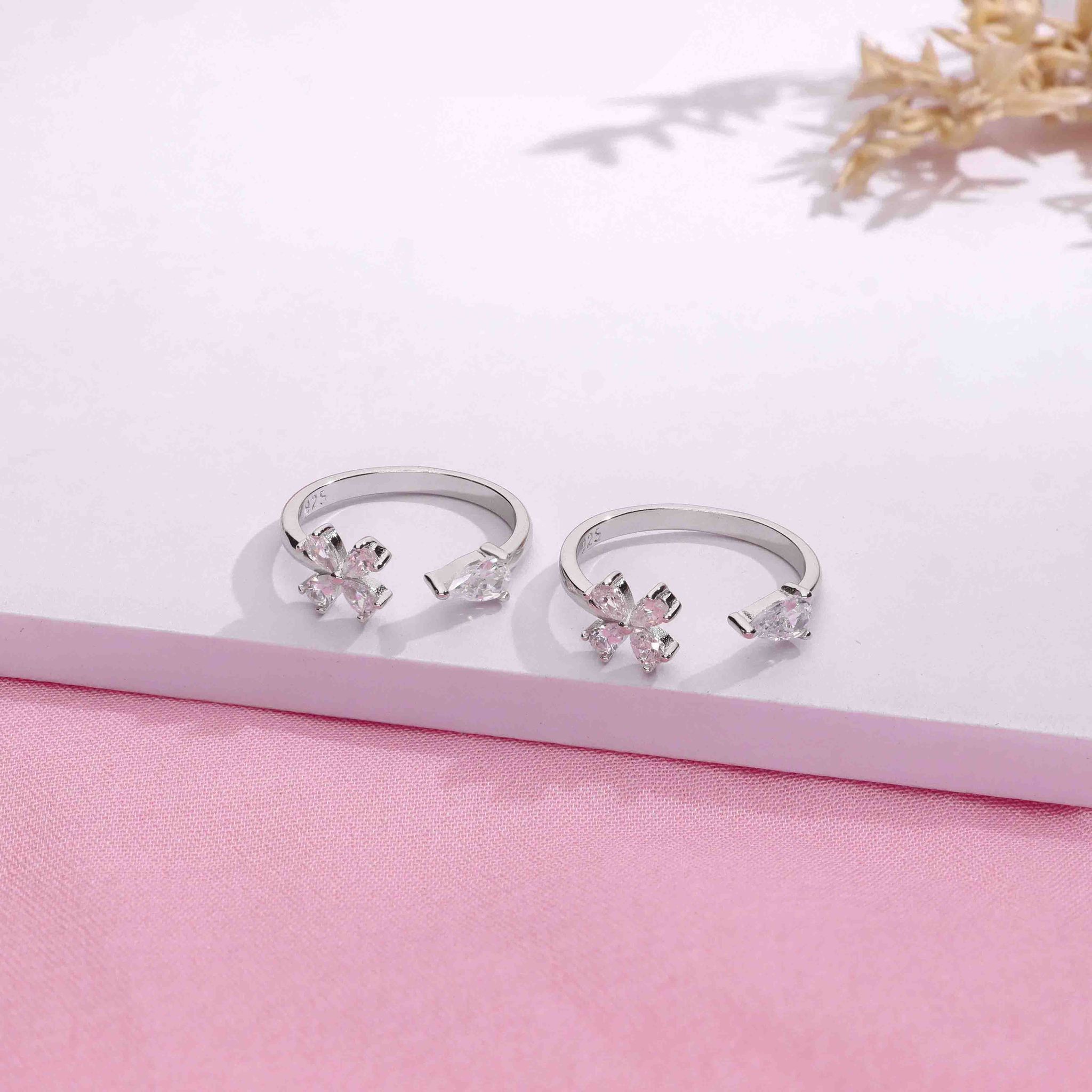 Sterling Silver Floral Solitaire Toe Rings-White Stone / Silver