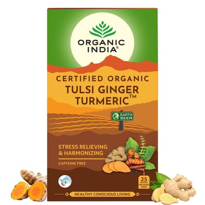 Organic India Tulsi Ginger Turmeric - 25 Tea Bags, Boosts Immunity, Supports Healing & Recovery, Rich in Antioxidants, Made with Tulsi, Turmeric, Cinnamon, and Pepper