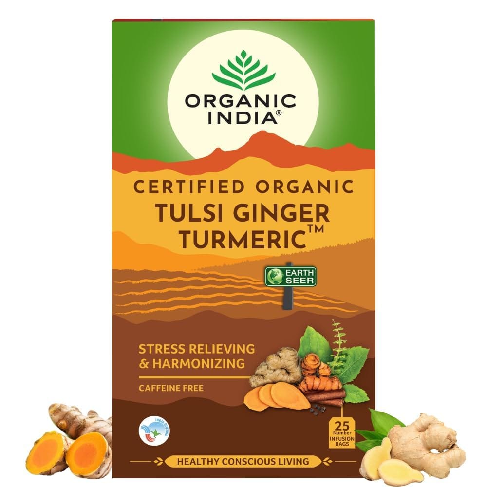 Organic India Tulsi Ginger Turmeric - 25 Tea Bags, Boosts Immunity, Supports Healing & Recovery, Rich in Antioxidants, Made with Tulsi, Turmeric, Cinnamon, and Pepper