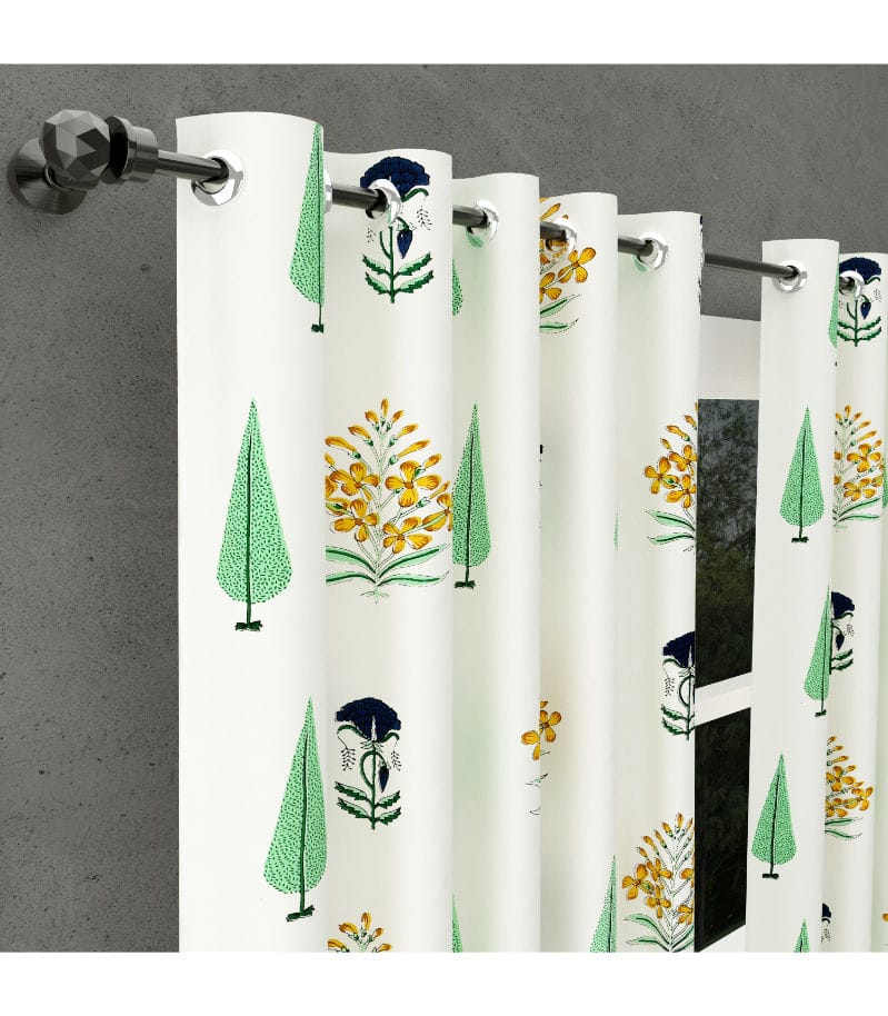 Vintage Flora Cotton Curtains Hand Block Printed Elegance. ( 7 feet )