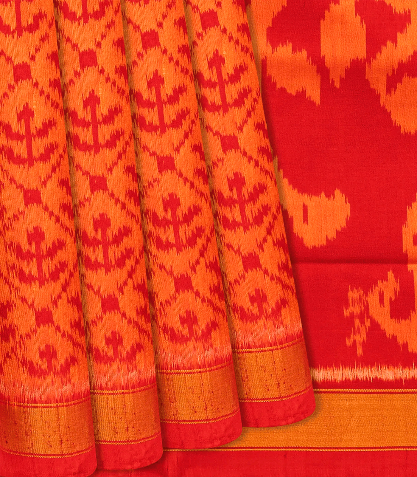 Orange Handloom Rajkot Patola Silk Saree With Floral Jaal Motifs-Orange-Orange