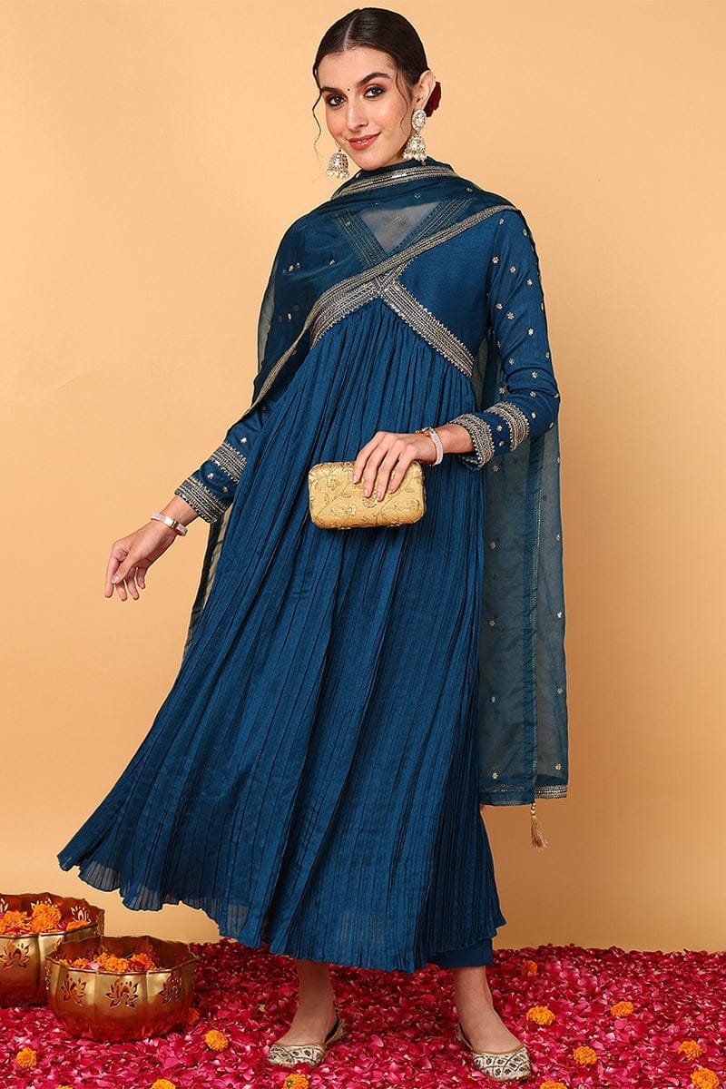 Plus Size Blue Silk Blend Solid Embroidered Flared Style Suit Set PKSKD2095