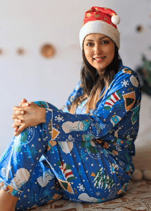 Cotton Night Suit, Women | Jingle Bells - Blue-S