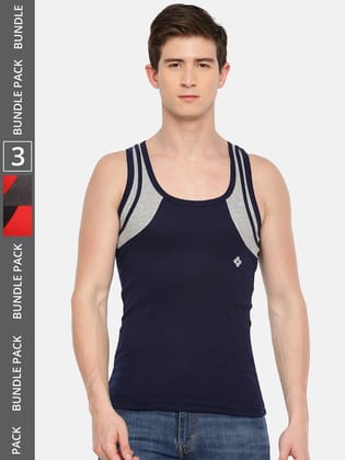 Men's Assorted Pack of 3 Solid Combed Cotton Racerback Styled Gym Vest