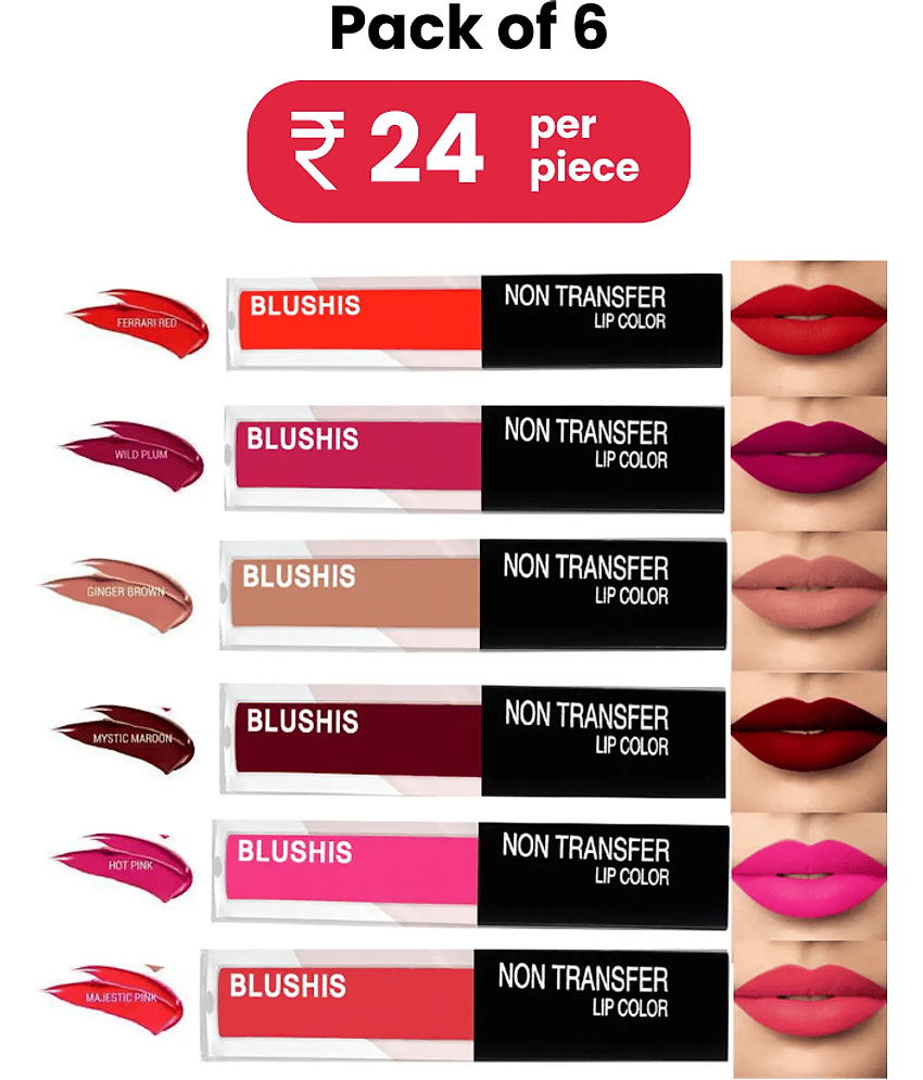 Blushis Super Stay Matte Liquid Lipstick Combo Pack Of 6 Peice(Multicolour, 16 Ml)