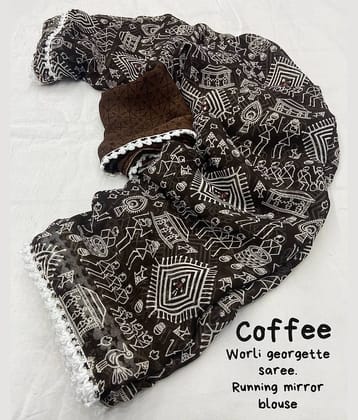 Gullak Georgette Printed Saree With Unstitched Blouse Piece ( Brown )