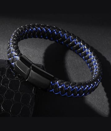 ZIVOM® Braided Blue Black High Quality Genuine Leather 316L Surgical Stainless Steel Wrist Band Strap Bracelet For Boys Men