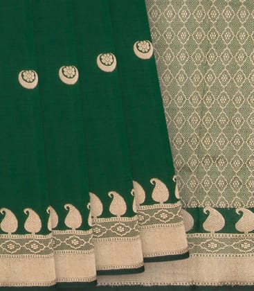 Dark Green Banarasi Silk Saree With Mango Motifs-Dark Green-Dark Green