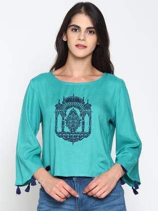 Teal Temple Embroidered Crop Top With Tassels-M