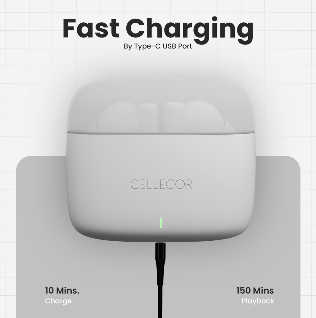 Cellecor BroPods CB11 TWS With 45 Hrs, ENC, 13mm Driver, BT v5.1, Voice Assistant, IPX4 Bluetooth- White