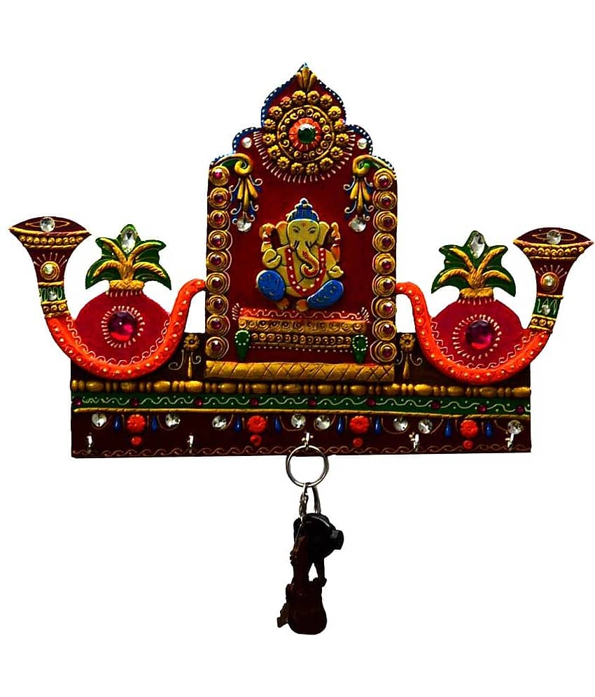 eCraftIndia Gold-Toned & Red Lord Ganesha with Shehnai Key Holder