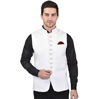 PrintCulture Men Solid White Cotton Blend Nehru Jacket