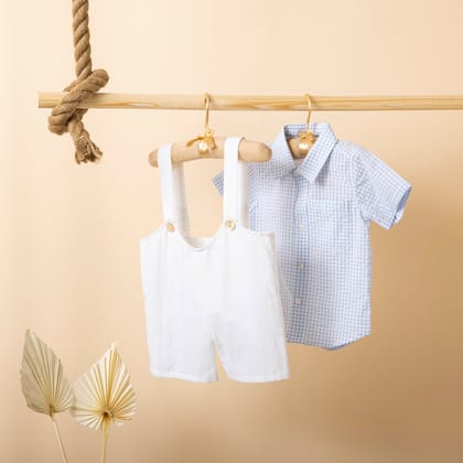 Poshaak Checkered Shirt with Off White Cotton Linen Romper Set-9-12 months