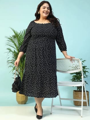 Sable Black Polka Dot Print Long Sleeve Plus Size Women Long Cotton Dress-2XL