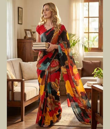 ANAND SAREES Georgette Printed Kasavu Saree With Unstitched Blouse Piece ( Multicolor )