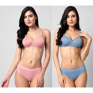 DoctorLingerie - Bra  Panty Set - Solid Pink, Blue Lingerie Set (Pack Of 2) - B Cup Padded