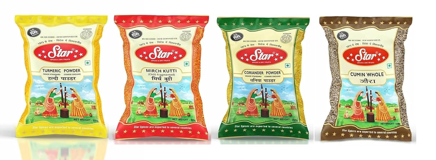 Star Spices Turmeric Powder, Red Chili, Coriander Powder and Cumin, 200 gm - Pack of 4