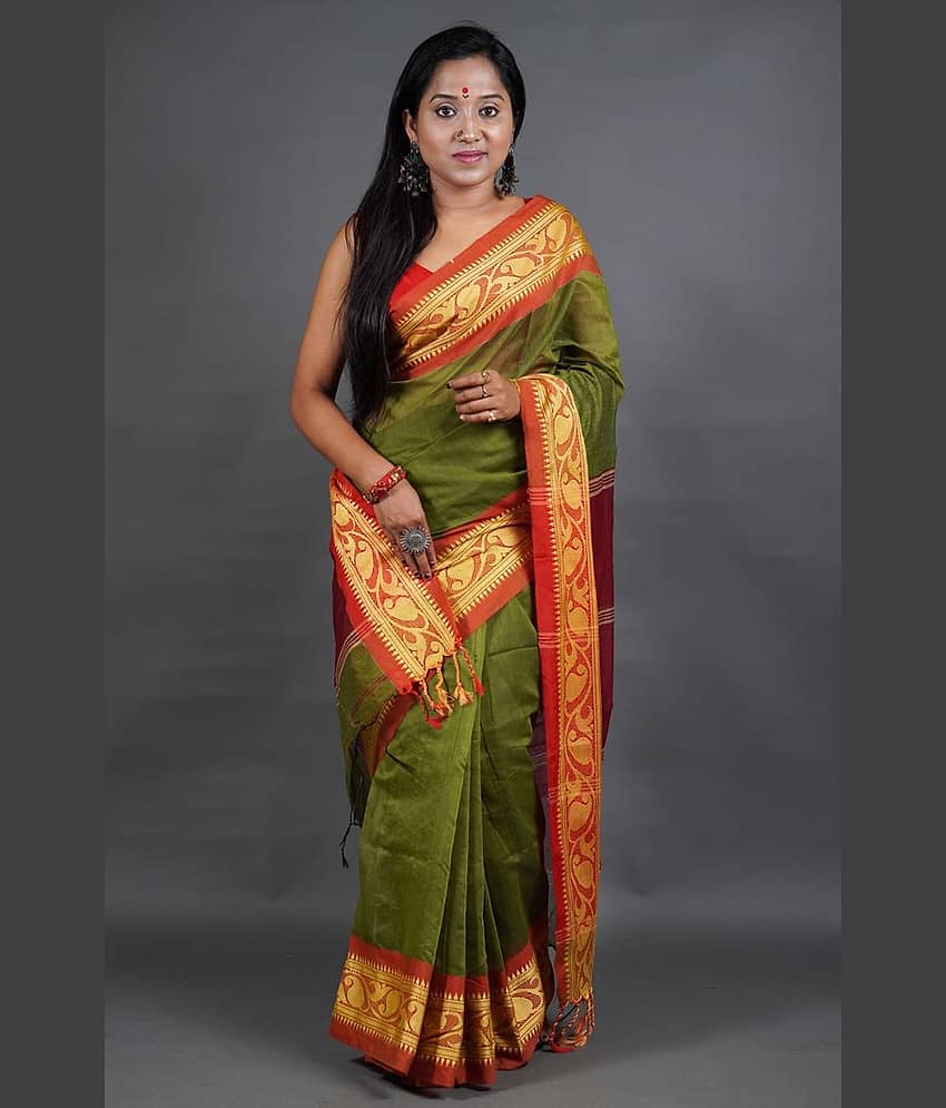 SARADA HANDLOOM Cotton Woven Saree With Unstitched Blouse Piece ( Green )